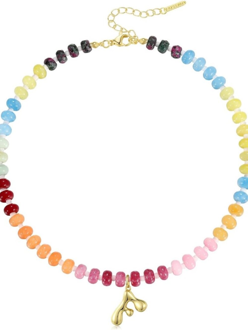 Colorful Beaded Gemstone Choker Necklace | 14K Gold Initial Pendant Jewelry